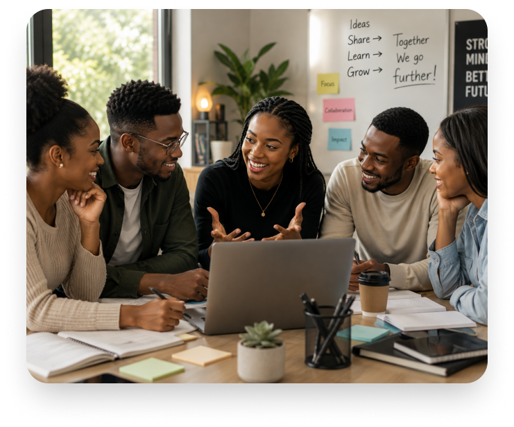 A small group of learners smiling and collaborating around a laptop